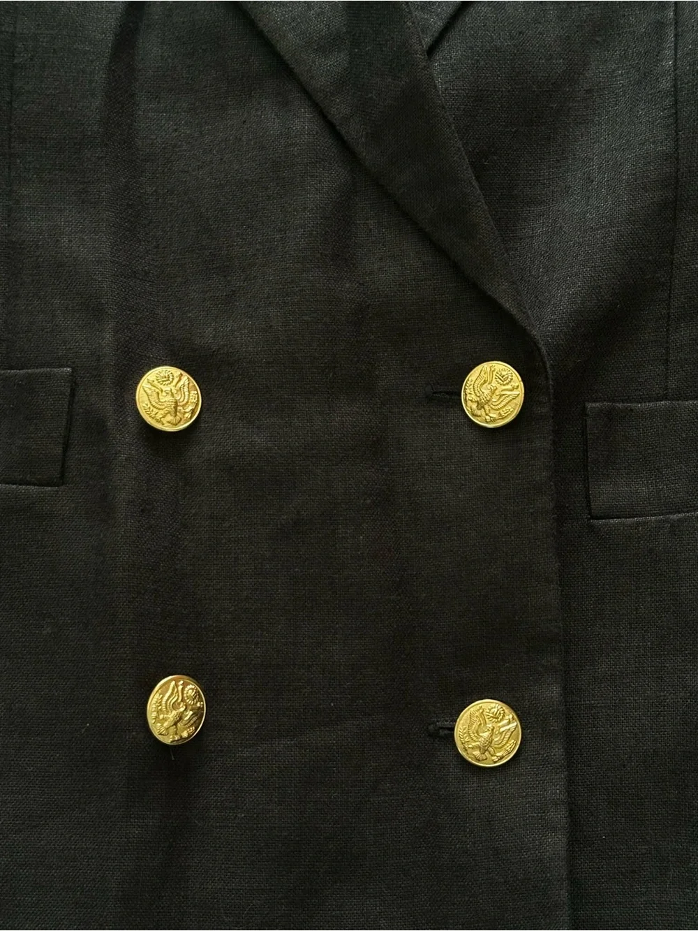 Vintage Dior Navy Linen Double-Breasted Blazer with Gold Crest Patch